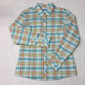 Columbia Long Sleeve Shirt Womans XL Collar Button Down Front Check Blue White